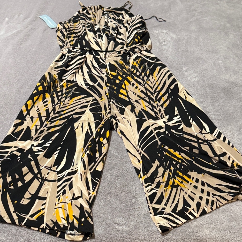 London Times Black Tan Abstract Print Halter Neck Wide Leg Jumpsuit NWT Size 10 - Picture 6 of 7